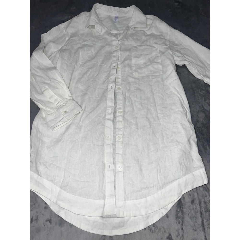 Stars Above White Linen Blend Button Down Shirt Small Long Sleeve Side Button